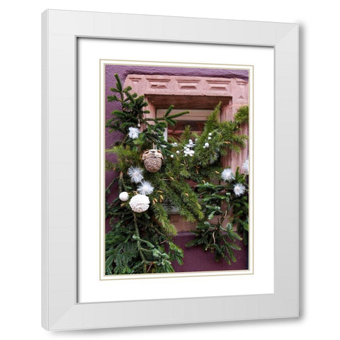 Riquewihr-France Village established 1400s in Alsace Region Window decorated Christmas ornaments White Modern Wood Framed Art Print with Double Matting by McRoberts, Julien