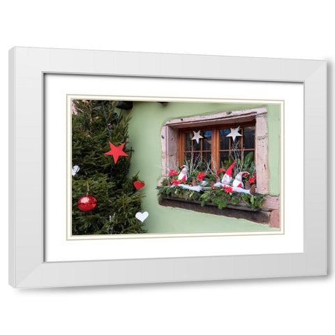Riquewihr-France Village established 1400s in Alsace Region Window decorated Christmas ornaments White Modern Wood Framed Art Print with Double Matting by McRoberts, Julien