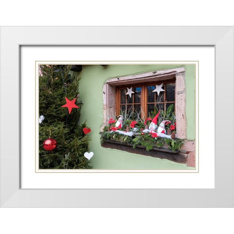 Riquewihr-France Village established 1400s in Alsace Region Window decorated Christmas ornaments White Modern Wood Framed Art Print with Double Matting by McRoberts, Julien