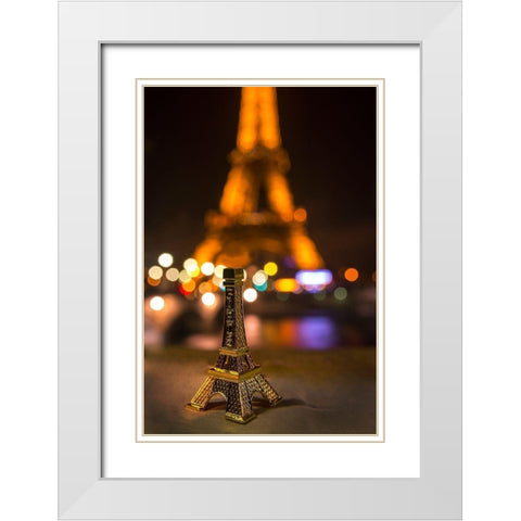 A souvenir Eiffel Tower on the wall of the Seine River across from the real thing White Modern Wood Framed Art Print with Double Matting by Steve Mohlenkamp