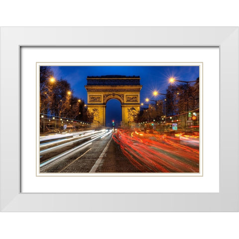 Traffic passes the Arch de Triumph on the Champs Elysee in Paris-France White Modern Wood Framed Art Print with Double Matting by Steve Mohlenkamp