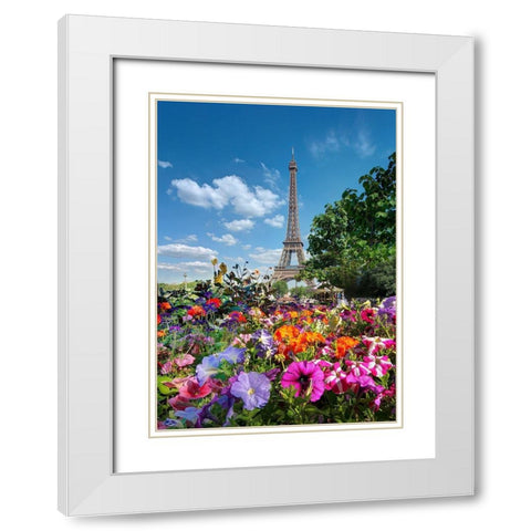 Flowers and Eiffel Tower in Paris-France White Modern Wood Framed Art Print with Double Matting by Steve Mohlenkamp