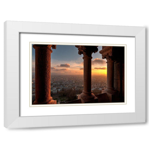 Sunset in Paris-France from the screecher with distant Eiffel Tower White Modern Wood Framed Art Print with Double Matting by Steve Mohlenkamp