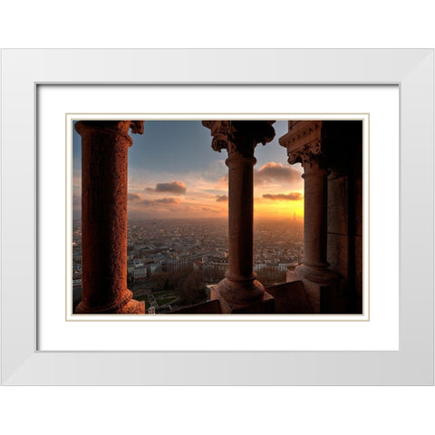 Sunset in Paris-France from the screecher with distant Eiffel Tower White Modern Wood Framed Art Print with Double Matting by Steve Mohlenkamp