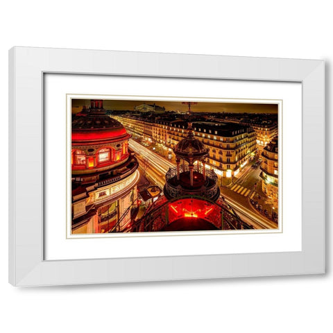 Night time Paris skyline from balcony White Modern Wood Framed Art Print with Double Matting by Steve Mohlenkamp