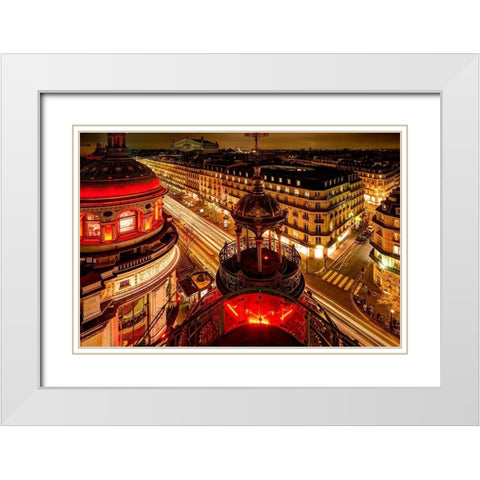Night time Paris skyline from balcony White Modern Wood Framed Art Print with Double Matting by Steve Mohlenkamp