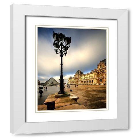 Pyramid and courtyard to the Louvre in Paris-France White Modern Wood Framed Art Print with Double Matting by Steve Mohlenkamp