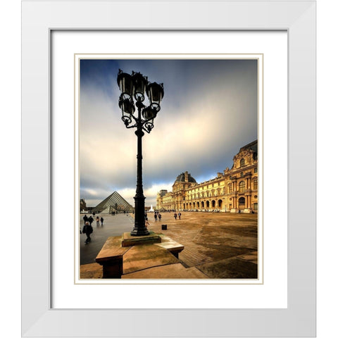 Pyramid and courtyard to the Louvre in Paris-France White Modern Wood Framed Art Print with Double Matting by Steve Mohlenkamp