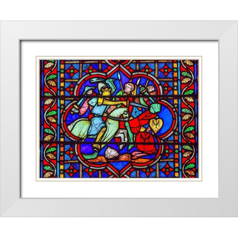 Knights Fighting Swords Horses Battle War stained glass-Notre Dame Cathedral-Paris-France  White Modern Wood Framed Art Print with Double Matting by Perry, William