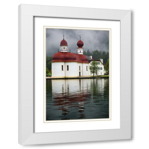 Germany, Lake Konigssee St Bartholomews Church White Modern Wood Framed Art Print with Double Matting by Flaherty, Dennis