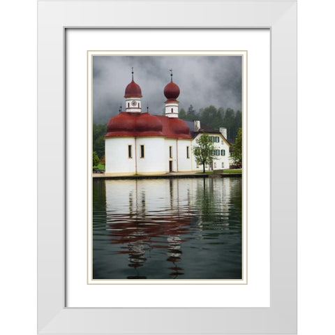 Germany, Lake Konigssee St Bartholomews Church White Modern Wood Framed Art Print with Double Matting by Flaherty, Dennis