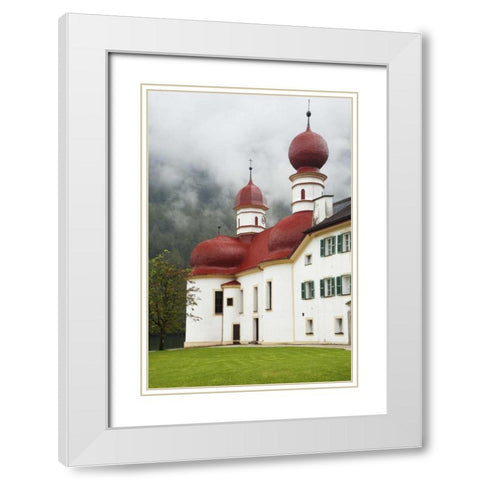 Germany, Lake Konigssee St Bartholomews Church White Modern Wood Framed Art Print with Double Matting by Flaherty, Dennis