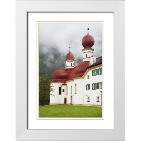 Germany, Lake Konigssee St Bartholomews Church White Modern Wood Framed Art Print with Double Matting by Flaherty, Dennis