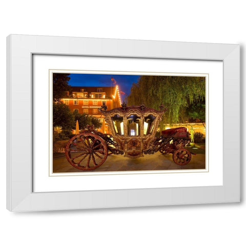 Germany-Lindau Island-Lake Constance Victorian ornate carriage in front of hotel at night White Modern Wood Framed Art Print with Double Matting by Jaynes Gallery