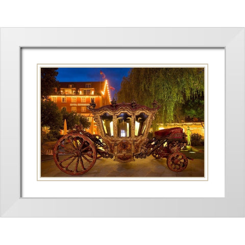 Germany-Lindau Island-Lake Constance Victorian ornate carriage in front of hotel at night White Modern Wood Framed Art Print with Double Matting by Jaynes Gallery