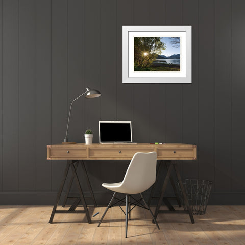 Sunrise at lake and village Schliersee in the Bavarian Alps during autumn-Bavaria-Germany White Modern Wood Framed Art Print with Double Matting by Zwick, Martin