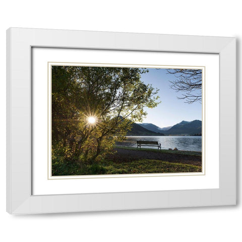 Sunrise at lake and village Schliersee in the Bavarian Alps during autumn-Bavaria-Germany White Modern Wood Framed Art Print with Double Matting by Zwick, Martin