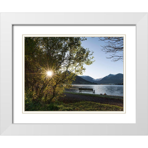Sunrise at lake and village Schliersee in the Bavarian Alps during autumn-Bavaria-Germany White Modern Wood Framed Art Print with Double Matting by Zwick, Martin