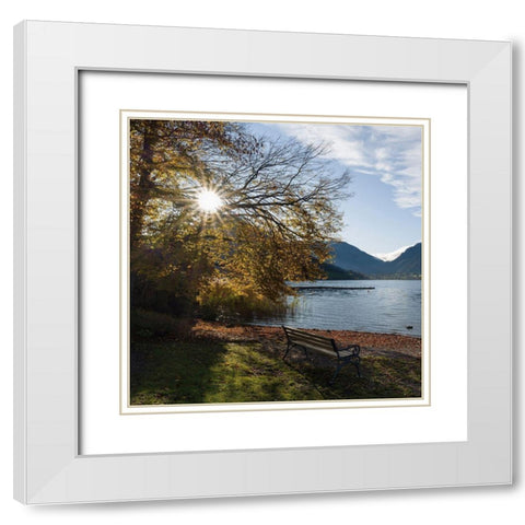 Sunrise at lake and village Schliersee in the Bavarian Alps during autumn-Bavaria-Germany White Modern Wood Framed Art Print with Double Matting by Zwick, Martin
