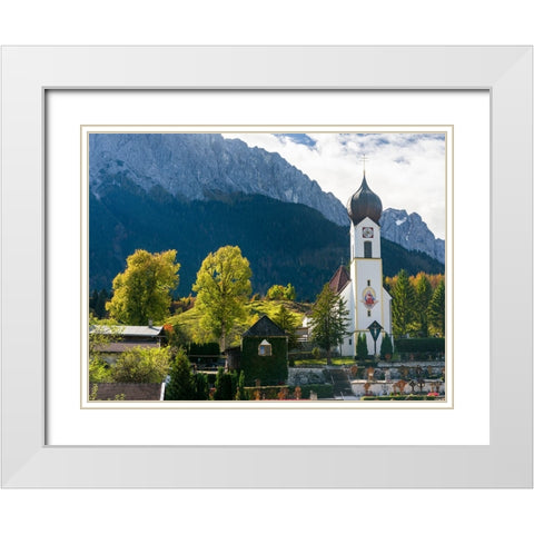 Church St-Johannes der Taufer-John the Baptist-Mount Zugspitze in the background-Village Grainau ne White Modern Wood Framed Art Print with Double Matting by Zwick, Martin