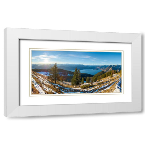 View from Mt-Jochberg near lake Walchensee towards lake Walchensee-Wetterstein mountain range and K White Modern Wood Framed Art Print with Double Matting by Zwick, Martin