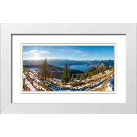 View from Mt-Jochberg near lake Walchensee towards lake Walchensee-Wetterstein mountain range and K White Modern Wood Framed Art Print with Double Matting by Zwick, Martin