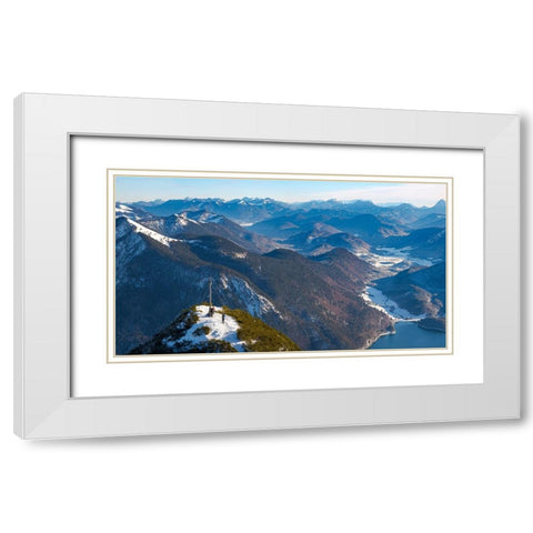 View towards Jachenau and Karwendel mountain range-View from Mt-Herzogstand near lake Walchensee-Ge White Modern Wood Framed Art Print with Double Matting by Zwick, Martin