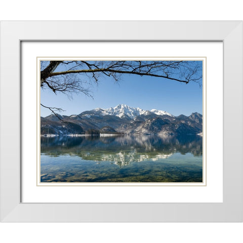 Lake Kochelsee at village Kochel am See during winter in the Bavarian Alps-Mt-Herzogstand in the ba White Modern Wood Framed Art Print with Double Matting by Zwick, Martin