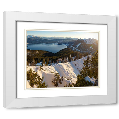 View towards lake Walchensee and the Karwendel mountain range-View from Mt-Jochberg near lake Walch White Modern Wood Framed Art Print with Double Matting by Zwick, Martin