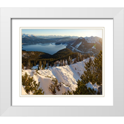 View towards lake Walchensee and the Karwendel mountain range-View from Mt-Jochberg near lake Walch White Modern Wood Framed Art Print with Double Matting by Zwick, Martin