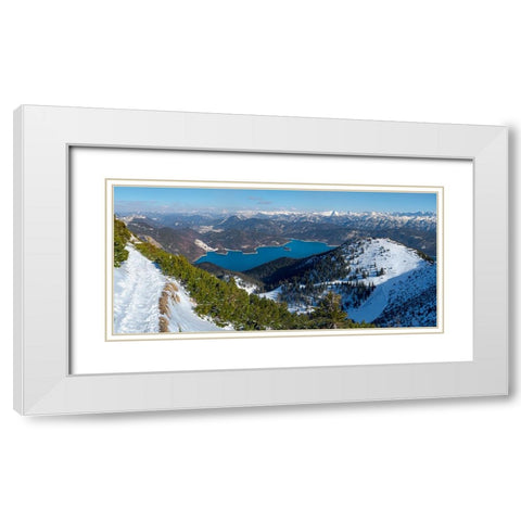 View towards lake Walchensee and Karwendel mountain range-View from Mt-Herzogstand near lake Walche White Modern Wood Framed Art Print with Double Matting by Zwick, Martin