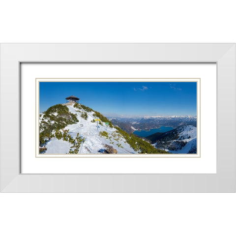 Summit of Mt-Herzogstand with pavilion near lake Walchensee during winter in the Bavarian Alps-Germ White Modern Wood Framed Art Print with Double Matting by Zwick, Martin