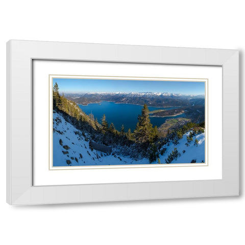 The view from Mt-Fahrenberg-Kopf towards lake Walchensee and Karwendel mountain range during winter White Modern Wood Framed Art Print with Double Matting by Zwick, Martin