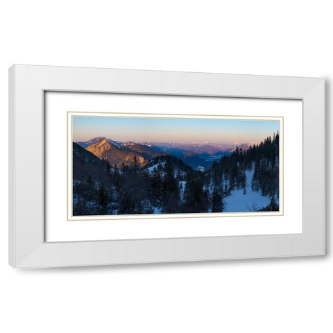 View towards Karwendel Mountains-Mt-Jochberg and Mt-Benediktenwand-View from Mt-Herzogstand near la White Modern Wood Framed Art Print with Double Matting by Zwick, Martin