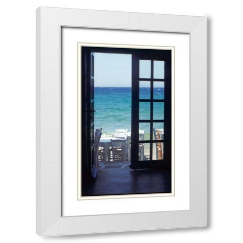 Greece, Island of Mykonos Ocean through door White Modern Wood Framed Art Print with Double Matting by Noble Gardner, Nancy