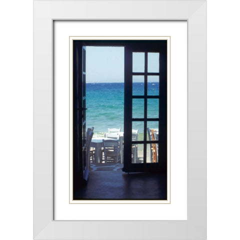 Greece, Island of Mykonos Ocean through door White Modern Wood Framed Art Print with Double Matting by Noble Gardner, Nancy