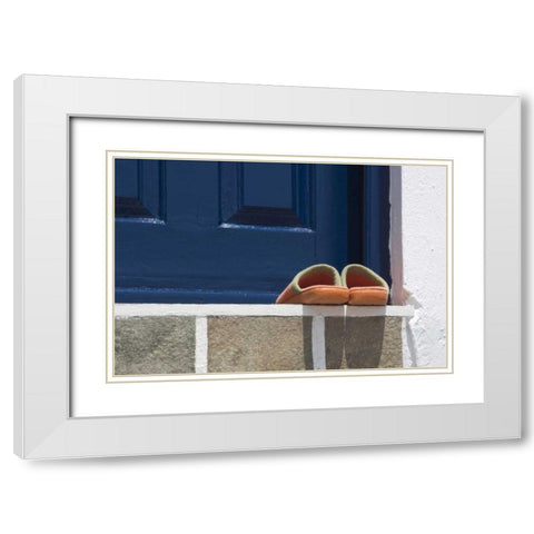 Greece, Mykonos, Hora Slippers on threshold White Modern Wood Framed Art Print with Double Matting by Young, Bill
