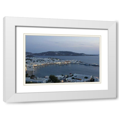 Greece, Mykonos, Hora Evening overlooking harbor White Modern Wood Framed Art Print with Double Matting by Young, Bill