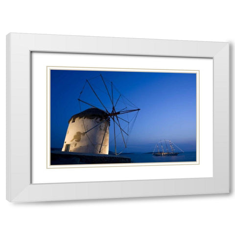 Greece, Mykonos, Hora Windmill and luxury yacht White Modern Wood Framed Art Print with Double Matting by Young, Bill