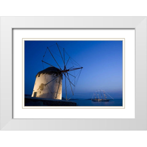 Greece, Mykonos, Hora Windmill and luxury yacht White Modern Wood Framed Art Print with Double Matting by Young, Bill