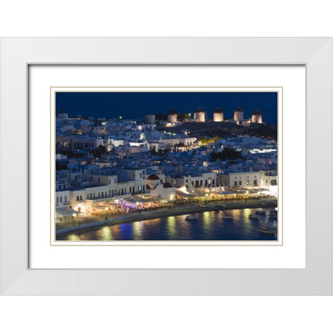 Greece, Hora Night view overlooking harbor White Modern Wood Framed Art Print with Double Matting by Young, Bill