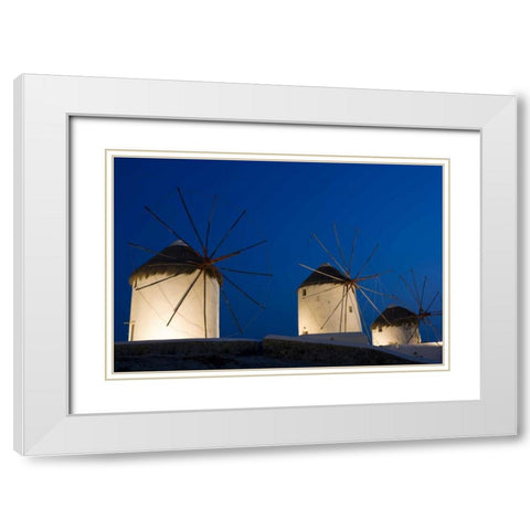 Greece, Mykonos, Hora Windmills lit at sunset White Modern Wood Framed Art Print with Double Matting by Young, Bill