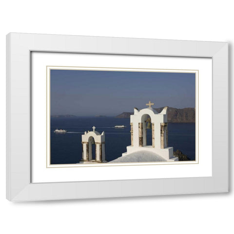 Greece, Thira, Oia Bay scenic with bell tower White Modern Wood Framed Art Print with Double Matting by Young, Bill