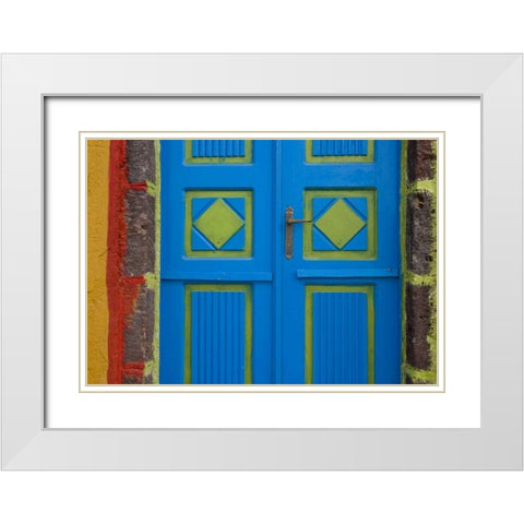 Greece,Thira, Oia Blue and lime green door White Modern Wood Framed Art Print with Double Matting by Young, Bill