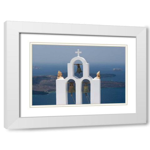 Greece, Santorini Church bell tower with sea White Modern Wood Framed Art Print with Double Matting by Young, Bill