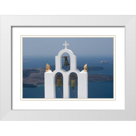 Greece, Santorini Church bell tower with sea White Modern Wood Framed Art Print with Double Matting by Young, Bill