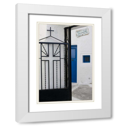 Greece, Santorini Black iron church gate White Modern Wood Framed Art Print with Double Matting by Young, Bill