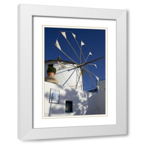 Greece, Santorini Windmill against blue sky White Modern Wood Framed Art Print with Double Matting by Young, Bill