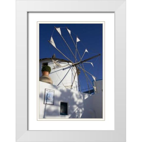 Greece, Santorini Windmill against blue sky White Modern Wood Framed Art Print with Double Matting by Young, Bill