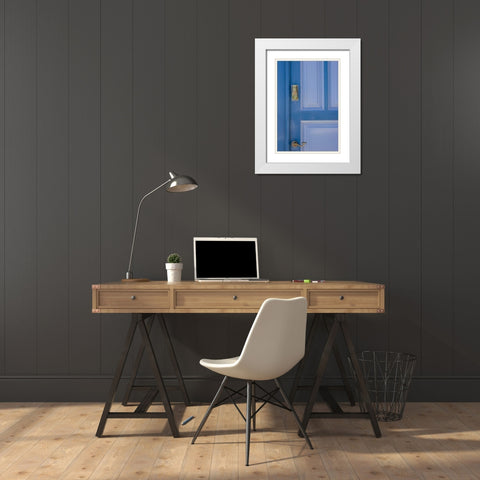 Greece, Santorini Blue door with knocker White Modern Wood Framed Art Print with Double Matting by Young, Bill